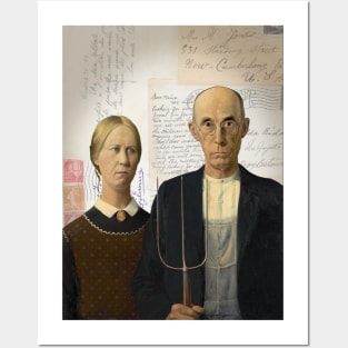 American Gothic Plain Couple on Antique Postcard Collage Posters and Art